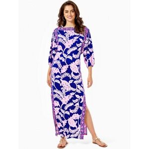Lilly Pulitzer Womens Silva Maxi Dress Caftan What the Shell Print Boat Neck  2